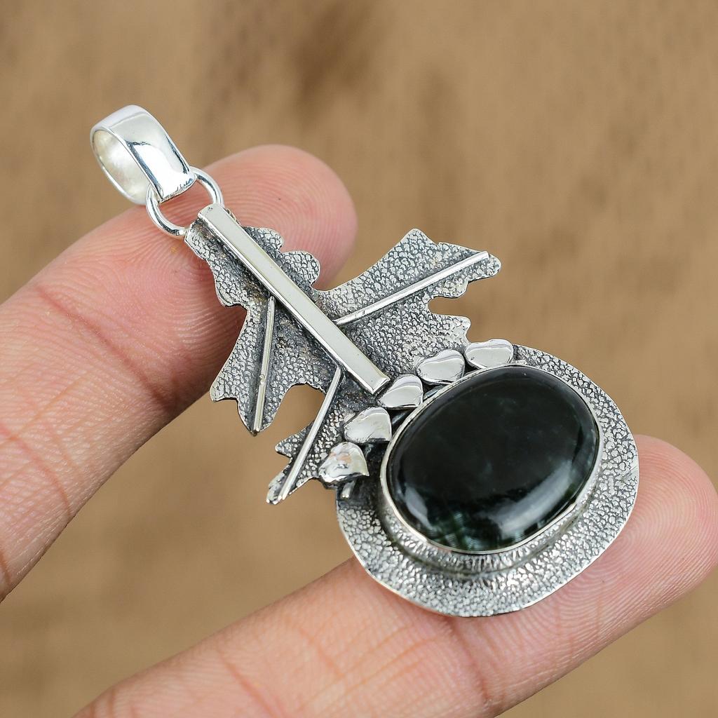 Natural Seraphinite Gemstone Pendant 925 Sterling Silver Jewelry For Women