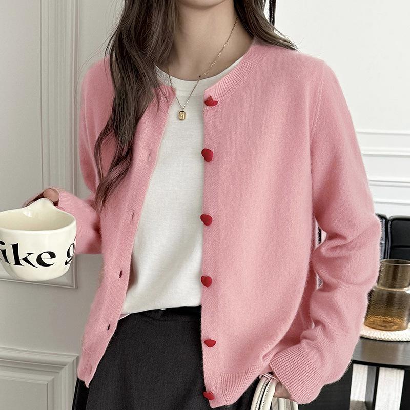 Korean Style Autumn/Winter Heart Button 100% Wool Cardigan for Women – Round Neck Versatile Sweater Coat