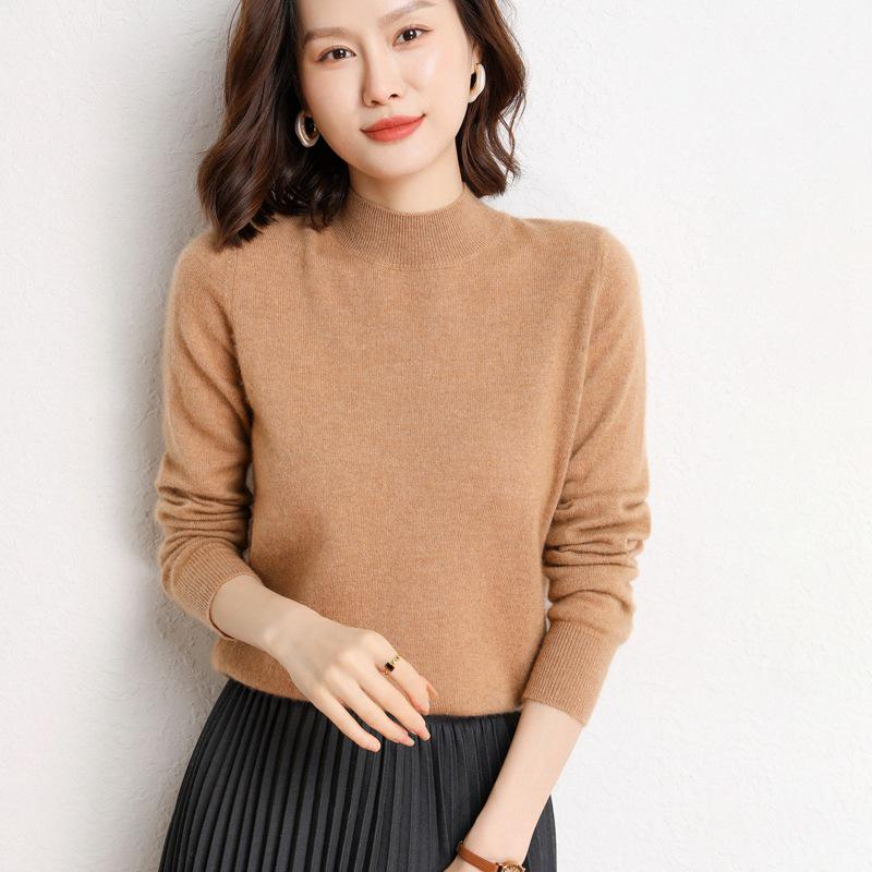 Women's Loose Fit Cashmere Half-High Neck Sweater - Soft, Classic Autumn/Winter Knit Base Layer