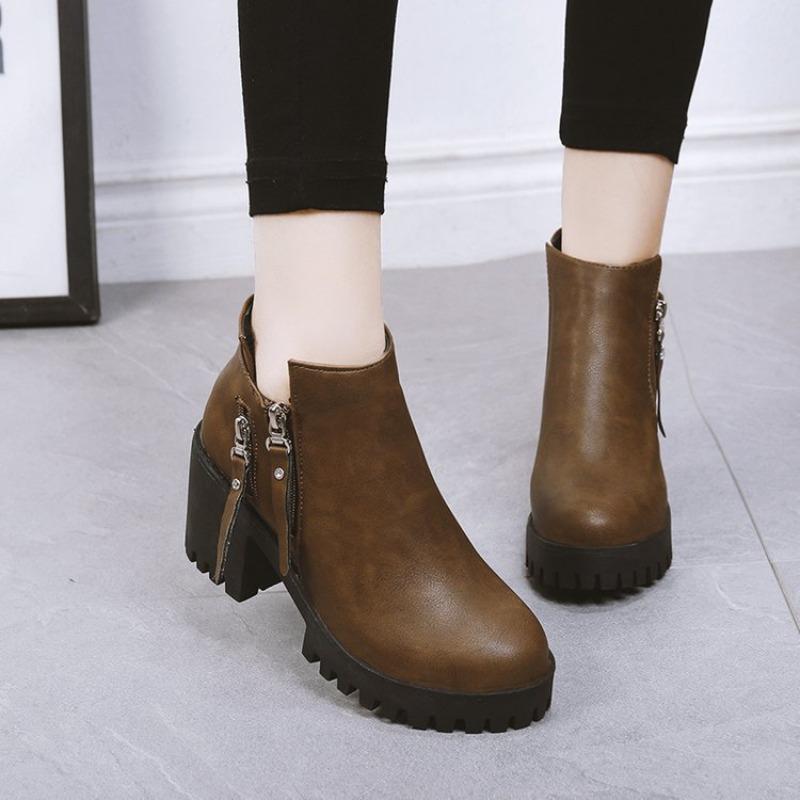 Autumn Winter Thick Heel Women's Ankle Boots Anti-slip Ladies Casual Footwear British Style Platform Side Zipper High Heel Shoes