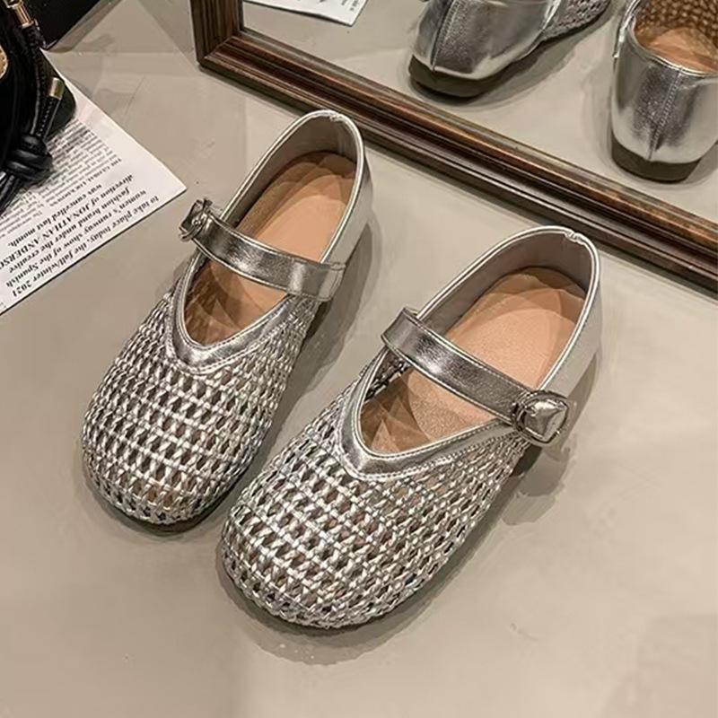

Тканые туфли Мэри Джейн женские туфли одинарные туфли сетчатые полые туфли 2025 лето новые на плоской подошве на мягкой подошве туфли-рыболовная сеть сандалии 40 серебряный