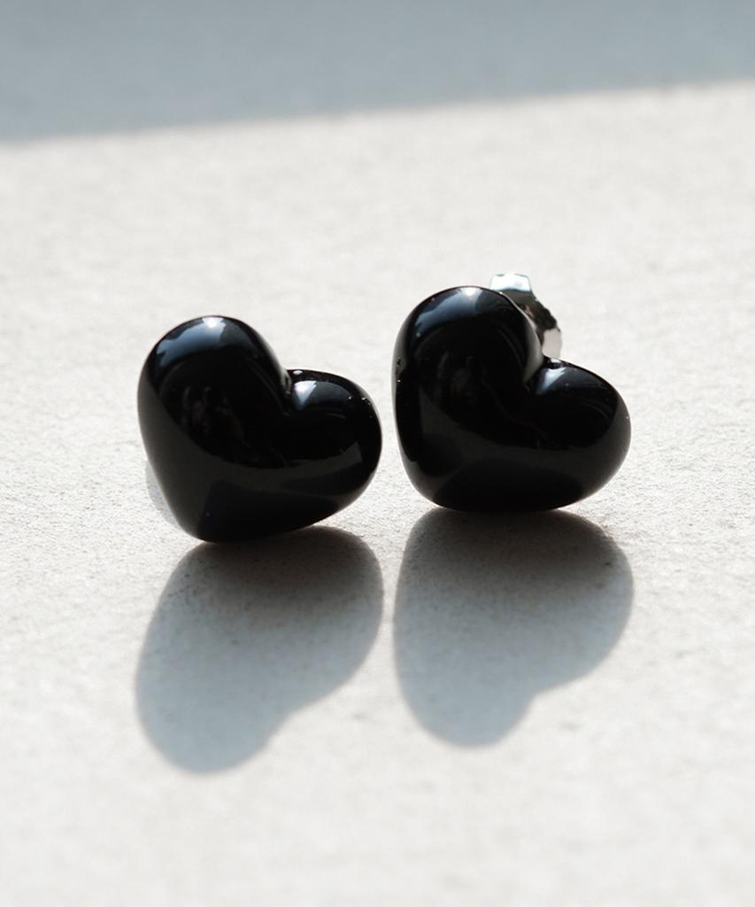 Alleun Silver 925 Chubby Heart Earrings Black Mini Bold
