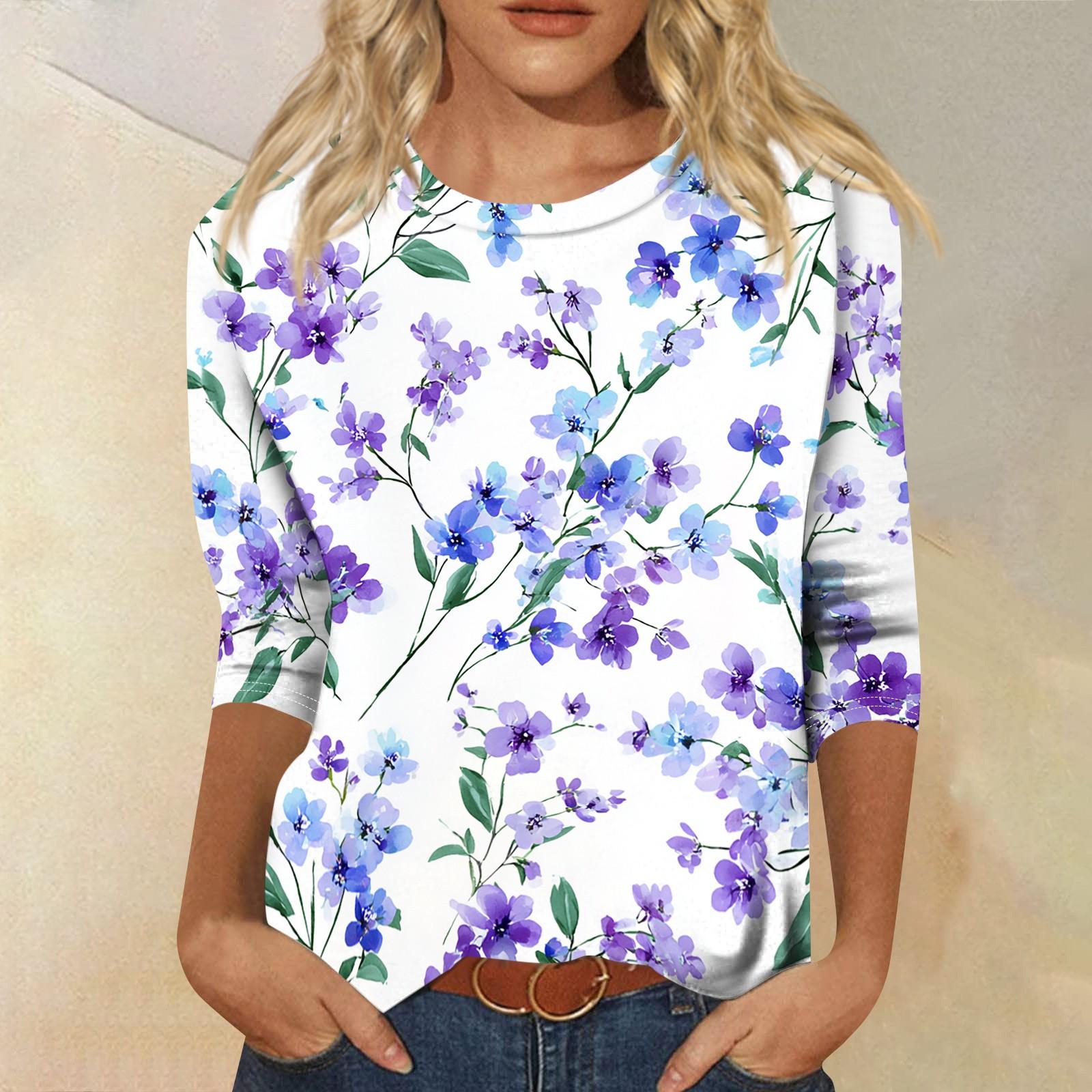 

Women Casual Crew Neck Three Quarter Sleeve Floral Print T Shirt Top Relaxed Fit Lightweight Pullover Blouse for Daily Wear XL