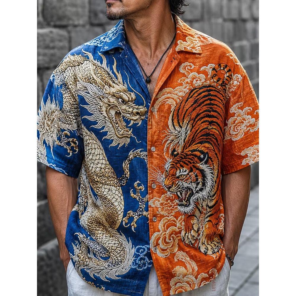 Men's Short Sleeved Shirt, Cat Noodle Printed Top, Versatile for Daily Commuting and Travel, Fashionable and Casual Loose Shirt