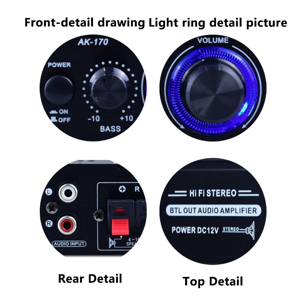 AK-170 Wireless HiFi Audio Mini Amplifier 20W+20W 2CH Stereo Power AMP Car Home Subwoofer Speakers DC 12V