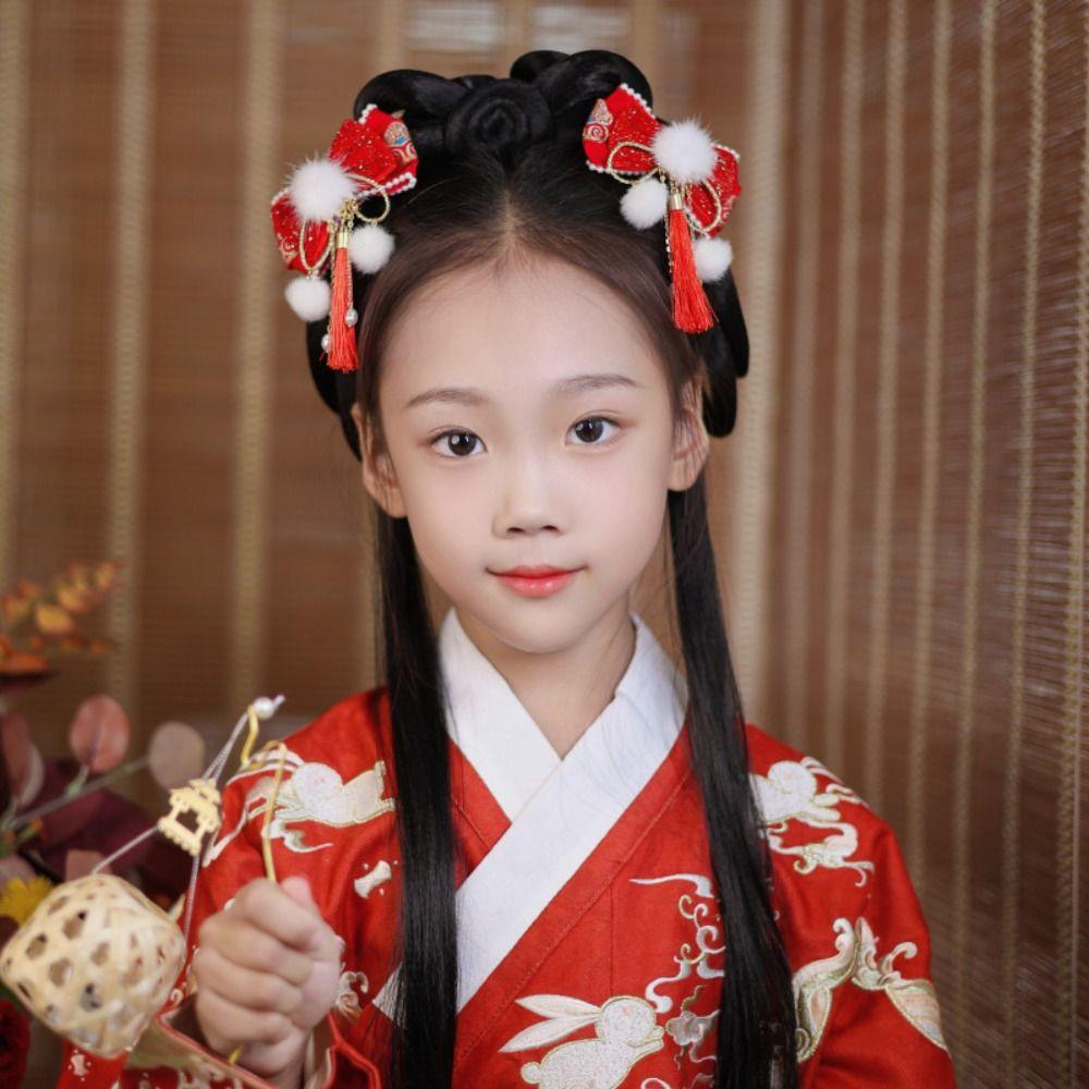 Plush Children Red Bow Hairpin Tassel Hanfu Hair Sticks Lovely Ancient Style Hairpin  Children