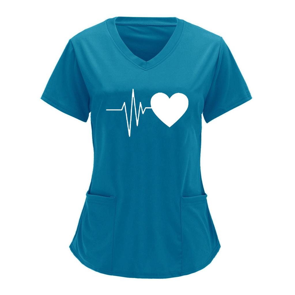 European & American Heartbeat Love Print Nurse Uniform, V-Neck, Double Pocket, Short-Sleeve T-Shirt, Large Size