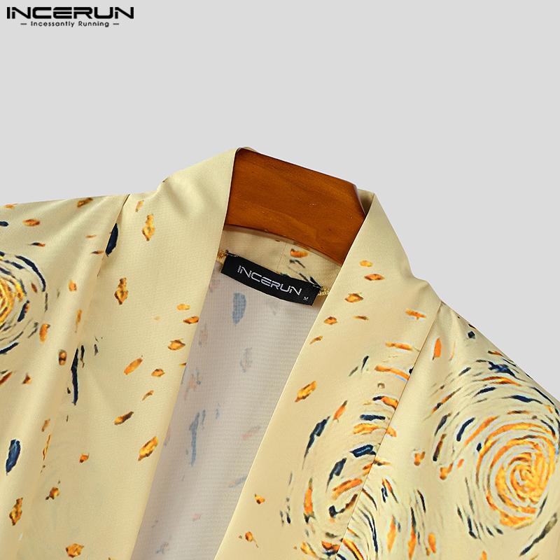 INCERUN Men Long Batwing Sleeve Printed Open Front Casual Kimonos Baggy Tops