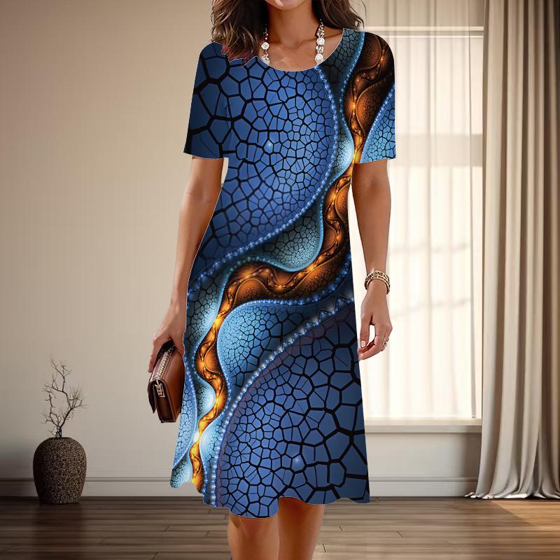 

Жіноча мода витончений лінійний візерунок друк літній весняний короткий рукав O-подібним вирізом повсякденні сукні 4XL синій