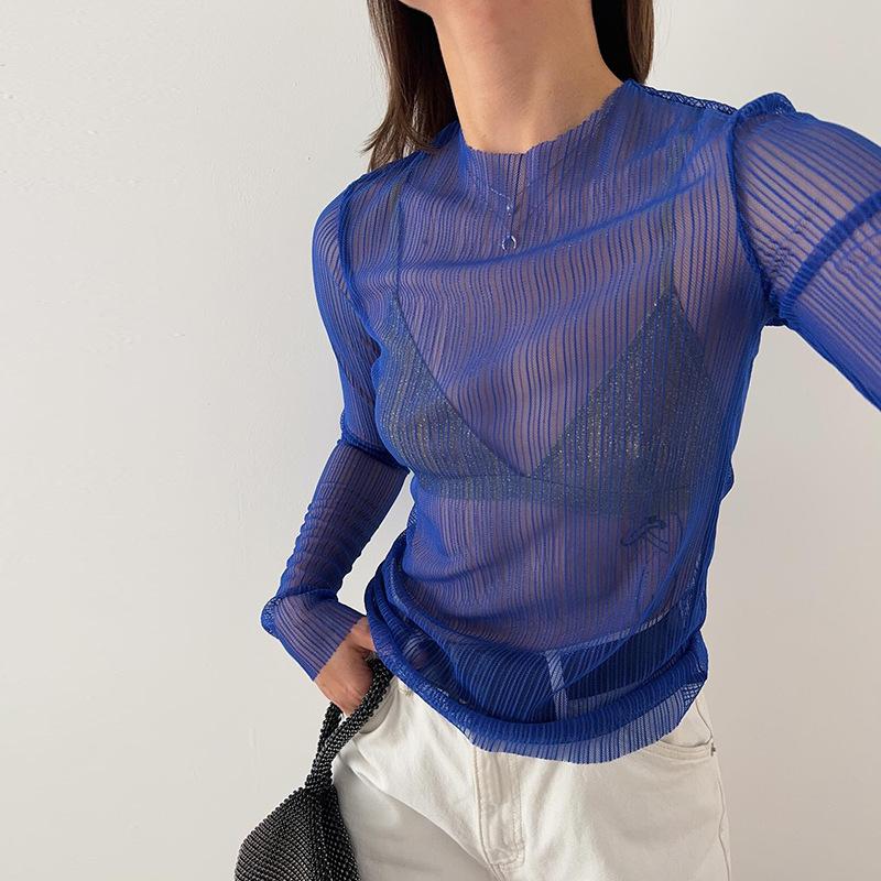 European and American style women's clothing summer new round neck long-sleeved mesh see-through T-shirt blue top slim and sexy style