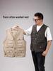 Colete Cáqui de Algodão Masculino com Vários Bolsos - Sem Mangas, Roupa de Trabalho Funcional para Primavera/Outono
