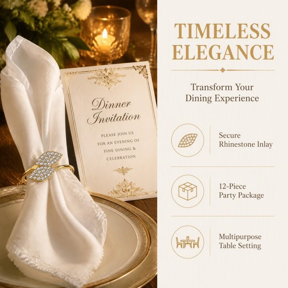 12 PCS Rhinestone Decoration Leaf Napkin Holders Gold Napkin Holder Napkin Ring Set Holiday Decor