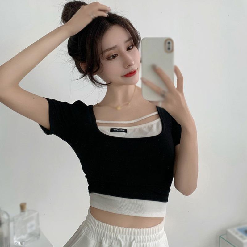 

Женская тонкая трикотажная футболка с коротким рукавом с квадратным вырезом и открытым пупком, топ One Size