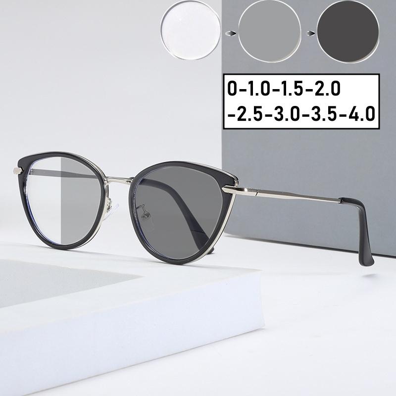 Women Luxury Pochromic Myopia Glasses Fashion Unisex Cat Eye Anti-UV Near Sight Eyeglasses Men Vintage Minus Diopter Eyewear