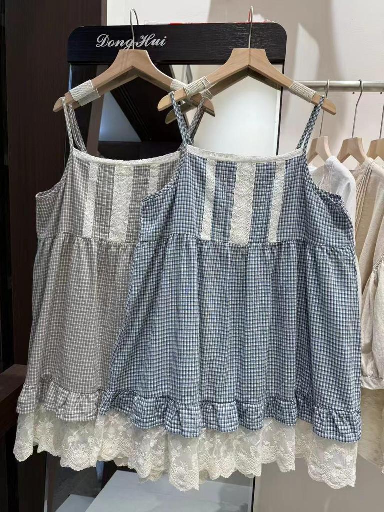 Dam Mori Girl-stil Konstnärlig Rutig Spets Camisole - Söt, Lös Passform, Liten Storlek