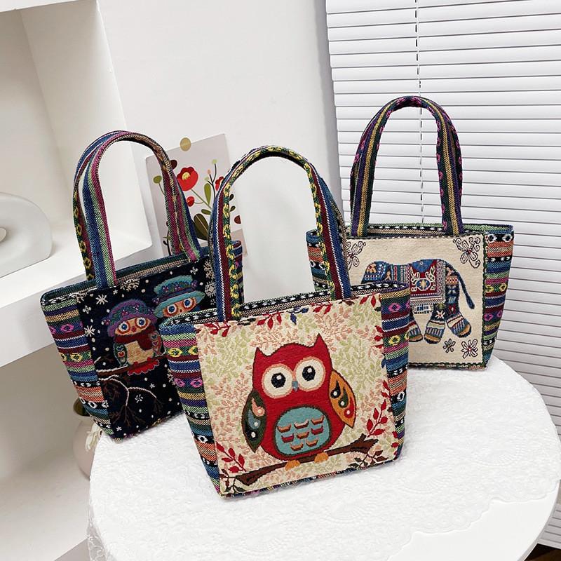 Cartoon Elephant Owl Canvas Handbag With Embroidery For Daily Casual Use