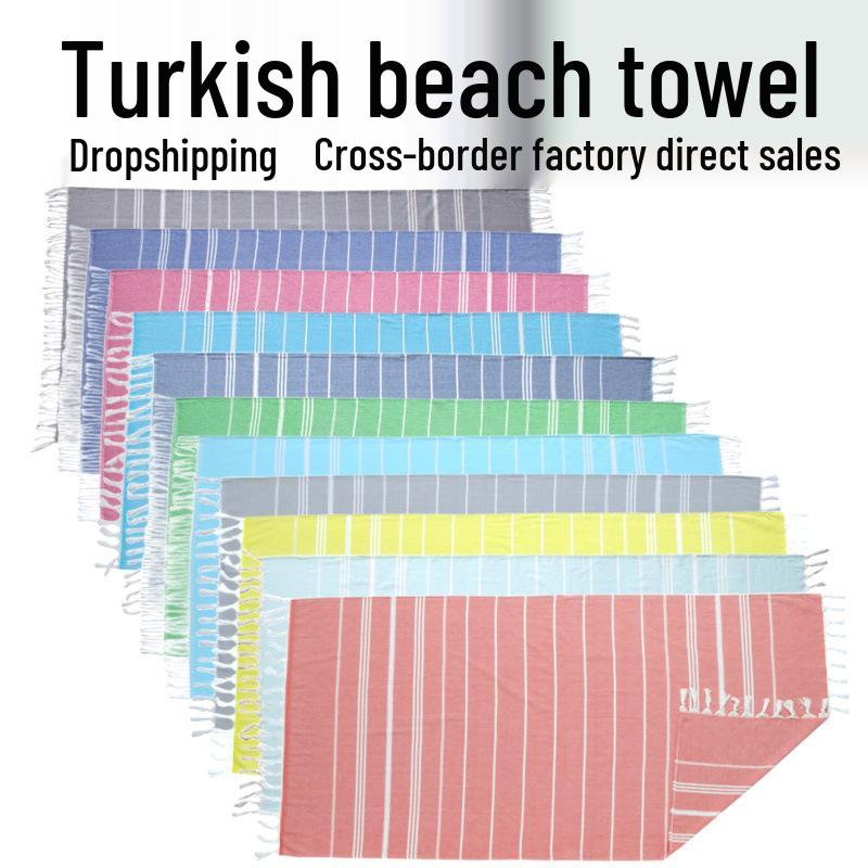 Turkish Cotton Tassel Beach Towel - Narrow Stripe, 12 Colors, 100x180 Cm