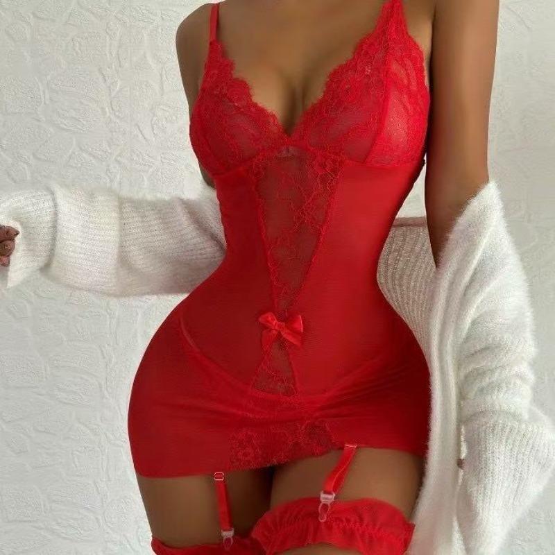Sexy deep V-opening bra erotic lingerie set sexy crotch underwear women's lace hollow jumpsuit exotic pajama dress