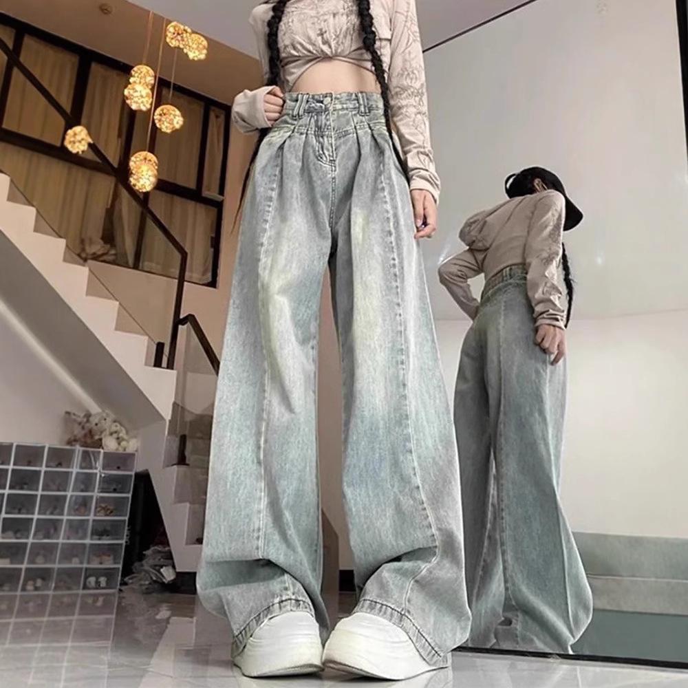 

Women s High-Waisted Wide-Leg Light Jeans – Pear-Shaped, Summer, Loose Fit, Floor-Length, Straight-Leg. XS