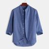 S-5XL Men's 3/4 Sleeve Stand Collar Striped Shirt Casual Tops