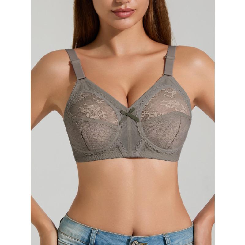 Plus Size Women's Grey Floral Lace Underwire Full Coverage Support Bra Comfortable Minimizer Bralette