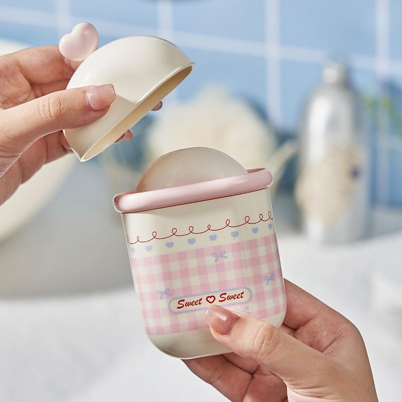 

Girl Double Lid Drain Soap Box Plaid Travel Soap Box Portable Student Cute Cotton Stick Box