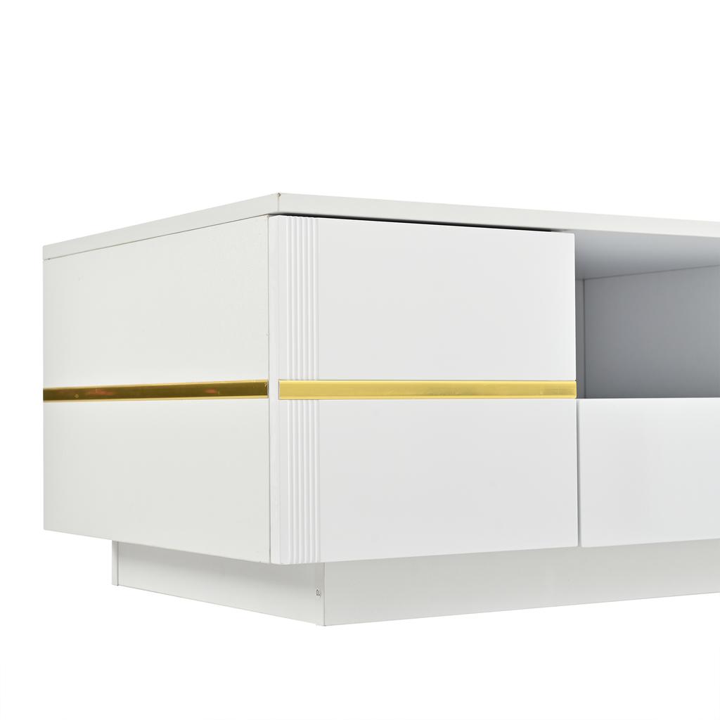 Modern Coffee Table with LED Lighting, Sofa Table, Semi-Open Shelf & 2 Doors, up to 30 kg Load Capacity, White + Golden Accents, 100×50×35.5cm