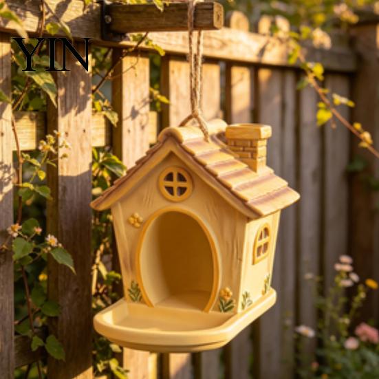 Weather Resistant Bird House Shape Hanging Feeder for Outdoor Garden Decor, Weatherproof Resin Wild Backyard Watching Supplies with Large Capacity