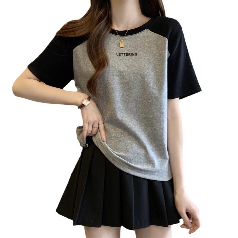 Short Sleeve T-Shirt Women's Summer Print Letter Bottom Skinny Casual Front Shoulder Contrast Drawstring Top Trendy Contrast Raglan-sleeve T-shirt