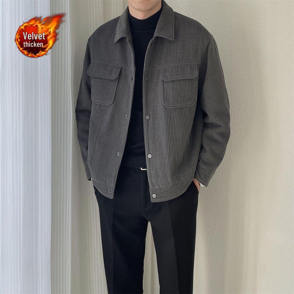 2025 Men's Versatile Fleece-Lined Top Coat - Casual Loose Fit, Turn-Down Collar, Autumn/Winter Workwear