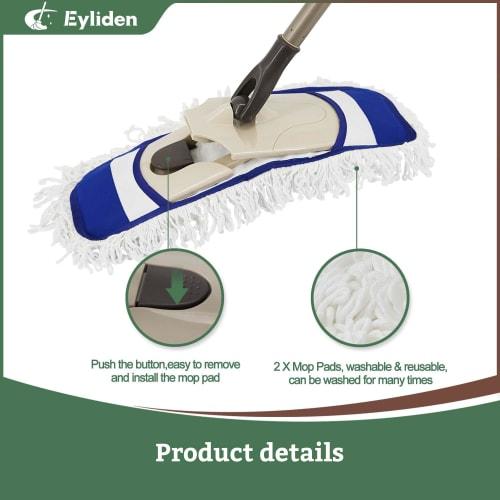 Eyliden Dust Mop with Two Reusable Washable Pads - One-Touch Replacement, Adjustable Height Handle, Wet & Dry Mop for Floor Cleaning, Hardwood, Lamina