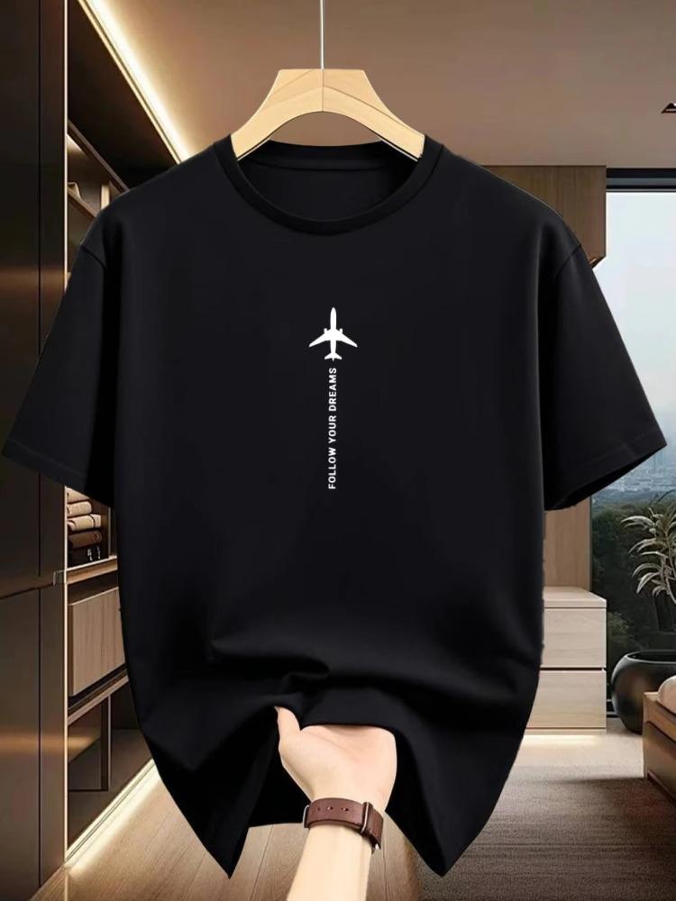 Summer 100 Pure Cotton Unisexs Casual Loose Fashion Airplane Letter Printed Breathable Sports Short Sleeved Round Neck TShirt