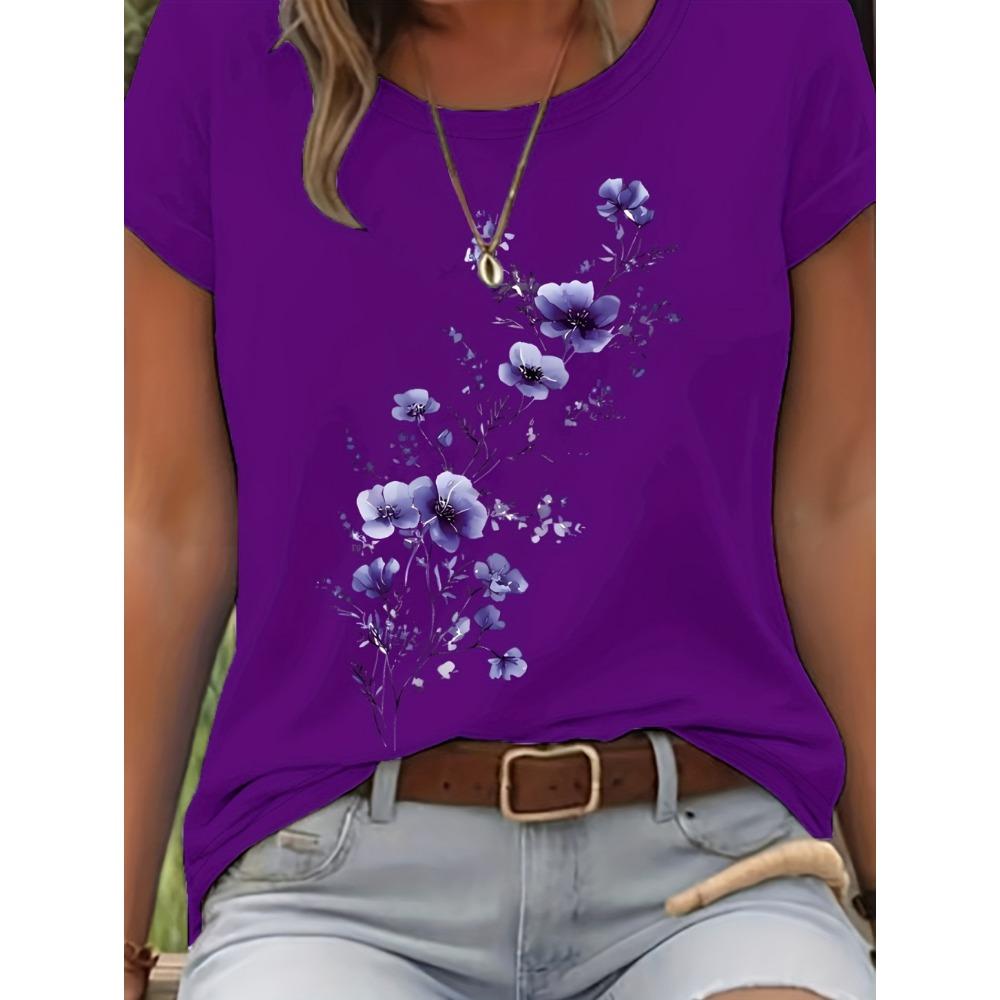 Elegant Floral Branch Print Casual Women's T-Shirt Crew Neck Short Sleeve Tee for Women Summer Holiday Daily Fashion Streetwear