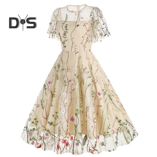 Women Evening Dress Double-layer Flower Embroidery Mesh A-line Big Swing Short Sleeves O Neck Back Zipper Closure Prom Party Midi Dress
