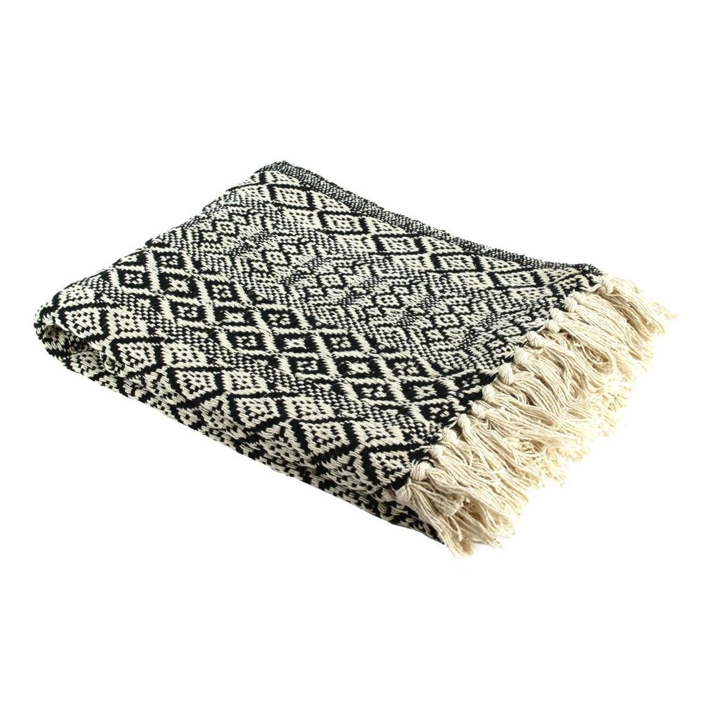 Ethnische Bettdecke 120x150 cm Schwarz-Weiß mit Fransen