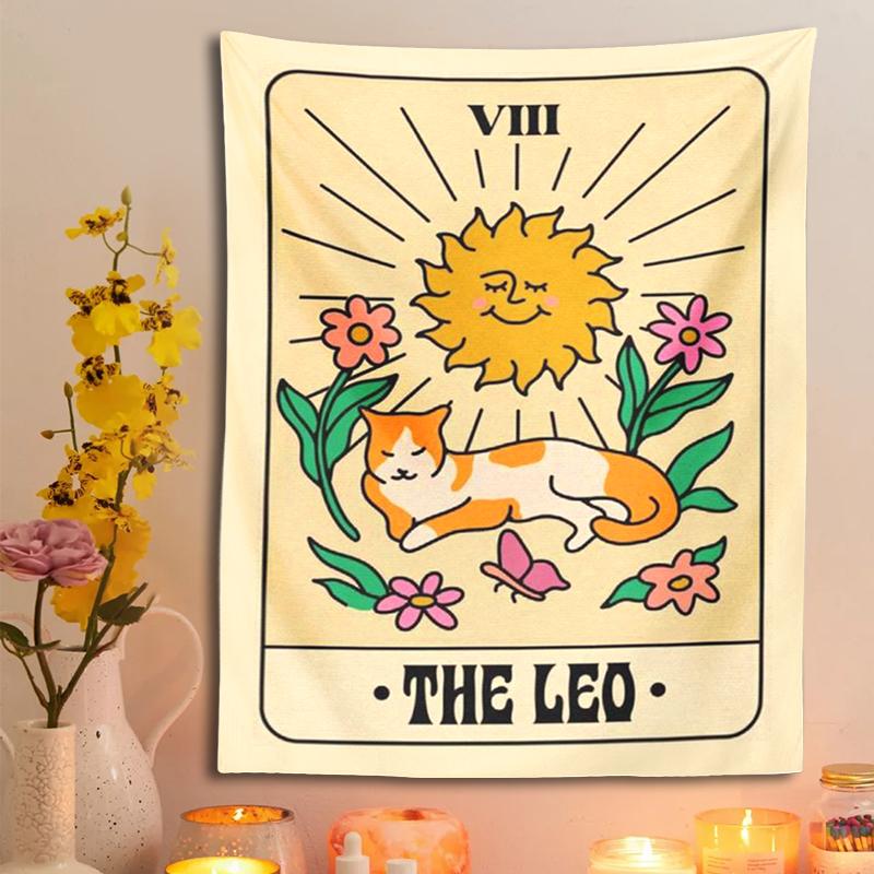 The Leo Tarot Tapestry Wall Hanging Wall Hanging Cute Cat Sun And Moon Psychedelic Constellation Witchcraft Hippie Home Decor