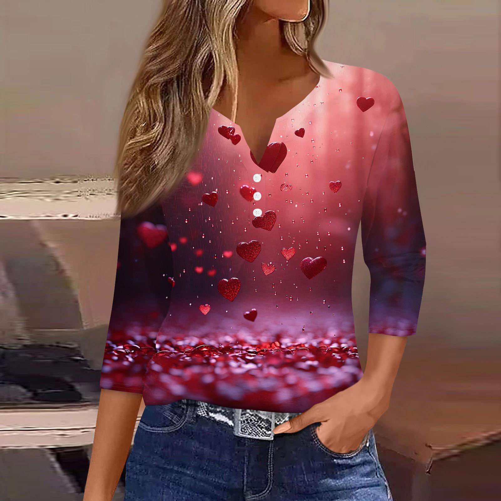 

Женский повседневный универсальный топ с V-образным вырезом и рукавом три четверти на пуговицах с принтом ко Дню святого Валентина M