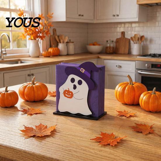 Autumn Seasonal Home Accents Halloween Ghost Wooden Napkin Holder, Cute Paper Towel Decorative Cartoon Table Decoration Stand, Freestanding