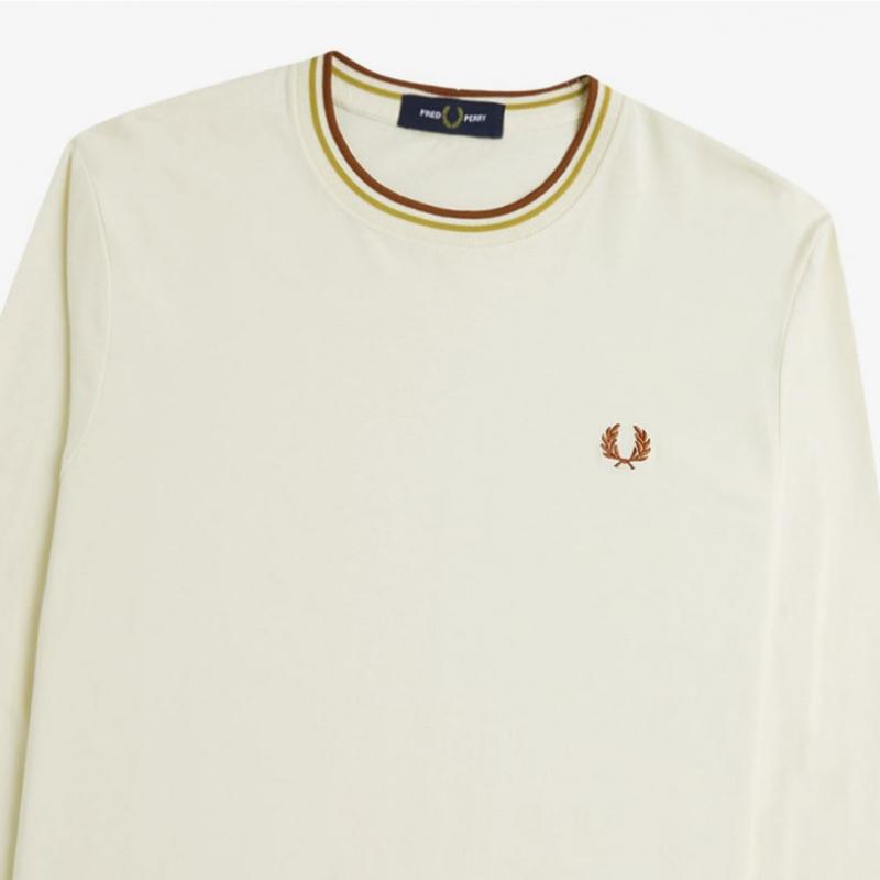 Fred Perry Long Sleeve Twin Tip T shirT Ecru Honeycomb Marmalade Afpm2439602 X01