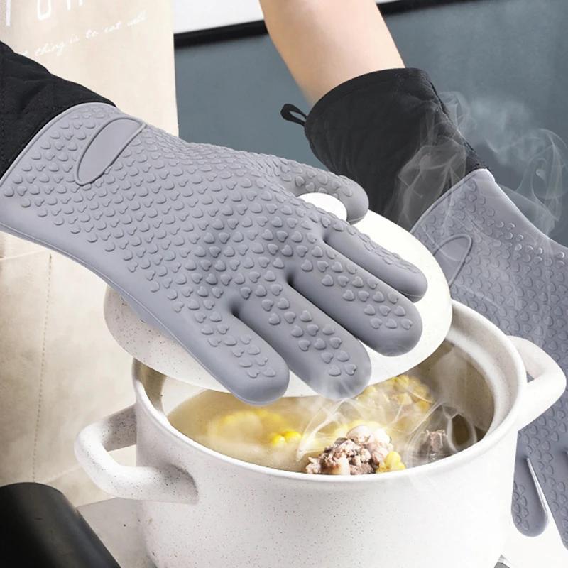 1/2Pcs Silicone Microwave Gloves Oven Mitts Heat Resistant BBQ Gloves With Cotton Lining Anti-Scalding Baking Gloves For Kitchen