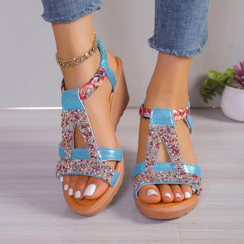 2024 Hot Selling Women's Shoes Summer Wedge Bohemian Rhinestone Casual Thick Soled Sandals Women's Open Toe Outdoor Beach Shoes