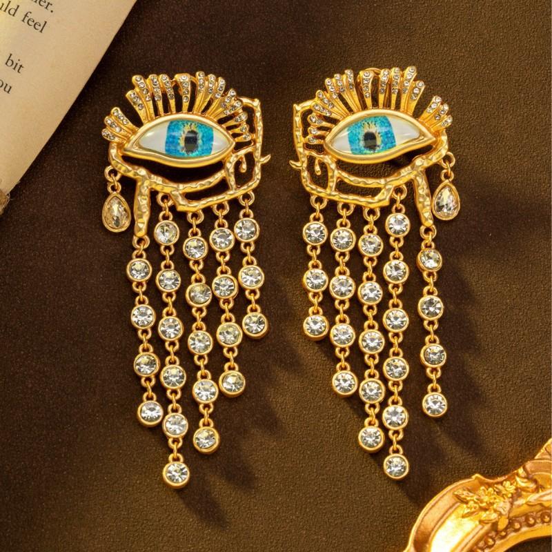 Vintage Crystal Tassel Devil's Eye Earrings Light Luxury Retro High Grade Heavy Duty Earnail Women