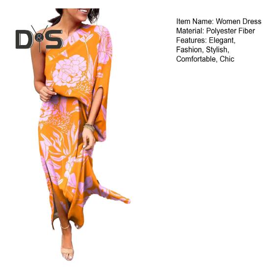Women's One Shoulder Maxi Dress Batwing Sleeves Floral Printed Split Long Dress Pleated High Waist Cocktail Party Dress