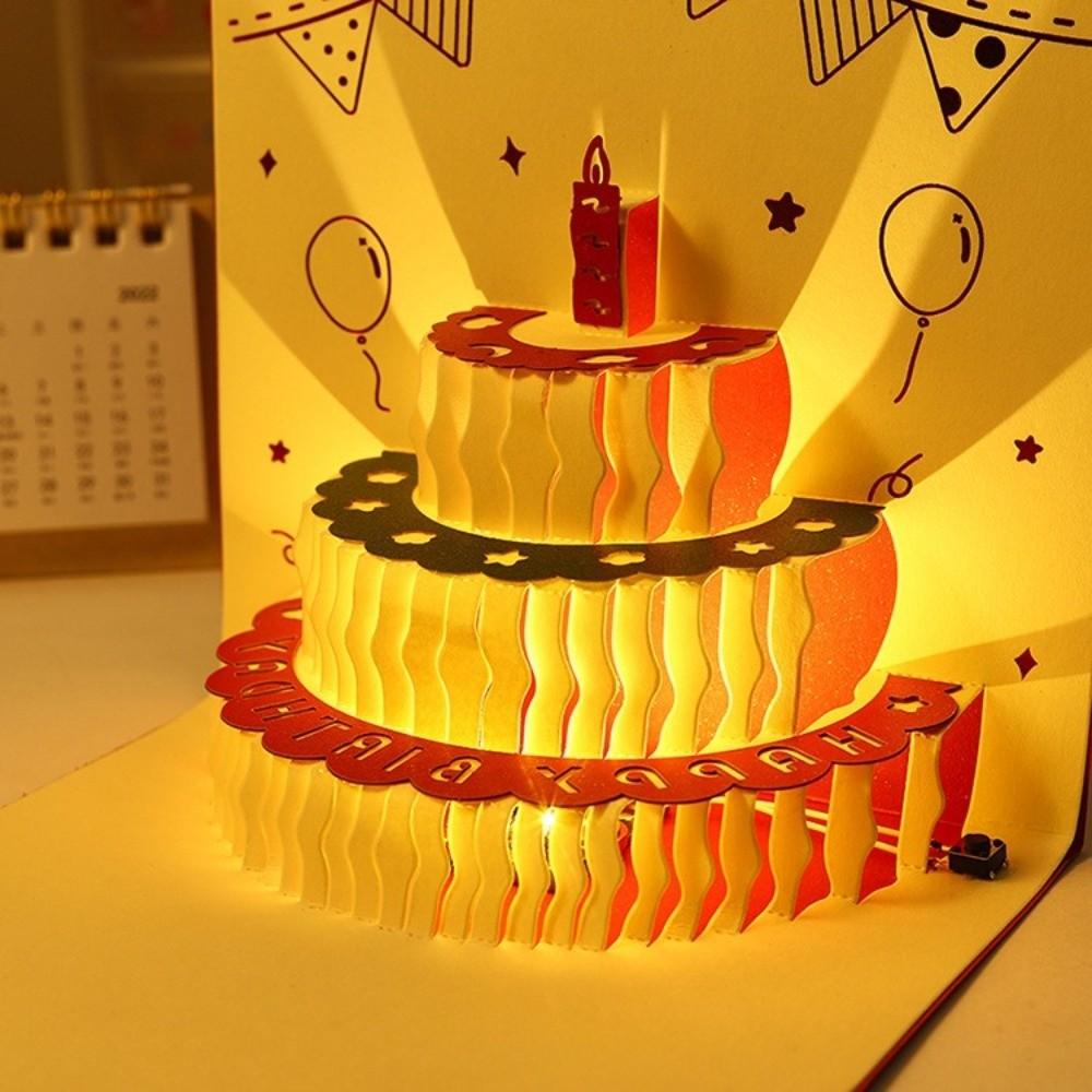 Hollow Carving 3D Cake Birthday Card with Envelope Unique LED Light Pop-Up Card Folding Funny Pop-Up Greeting Card