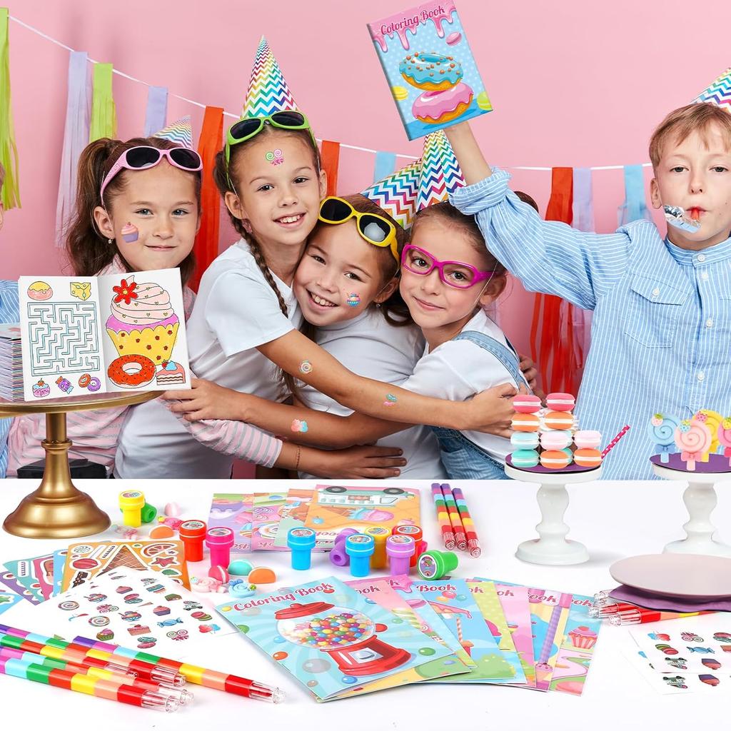 BenLouis 168Pcs Candyland Party Favors Ice Cream Donut Coloring Book Crayon Stickers Set Bulk for Kids Cupcake Lollipop Sweet Treats Birthday Gift