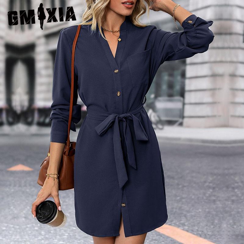 

GMXIA Shirt Dress Fall Women s Long-sleeved Lace-up Cardigan Dress