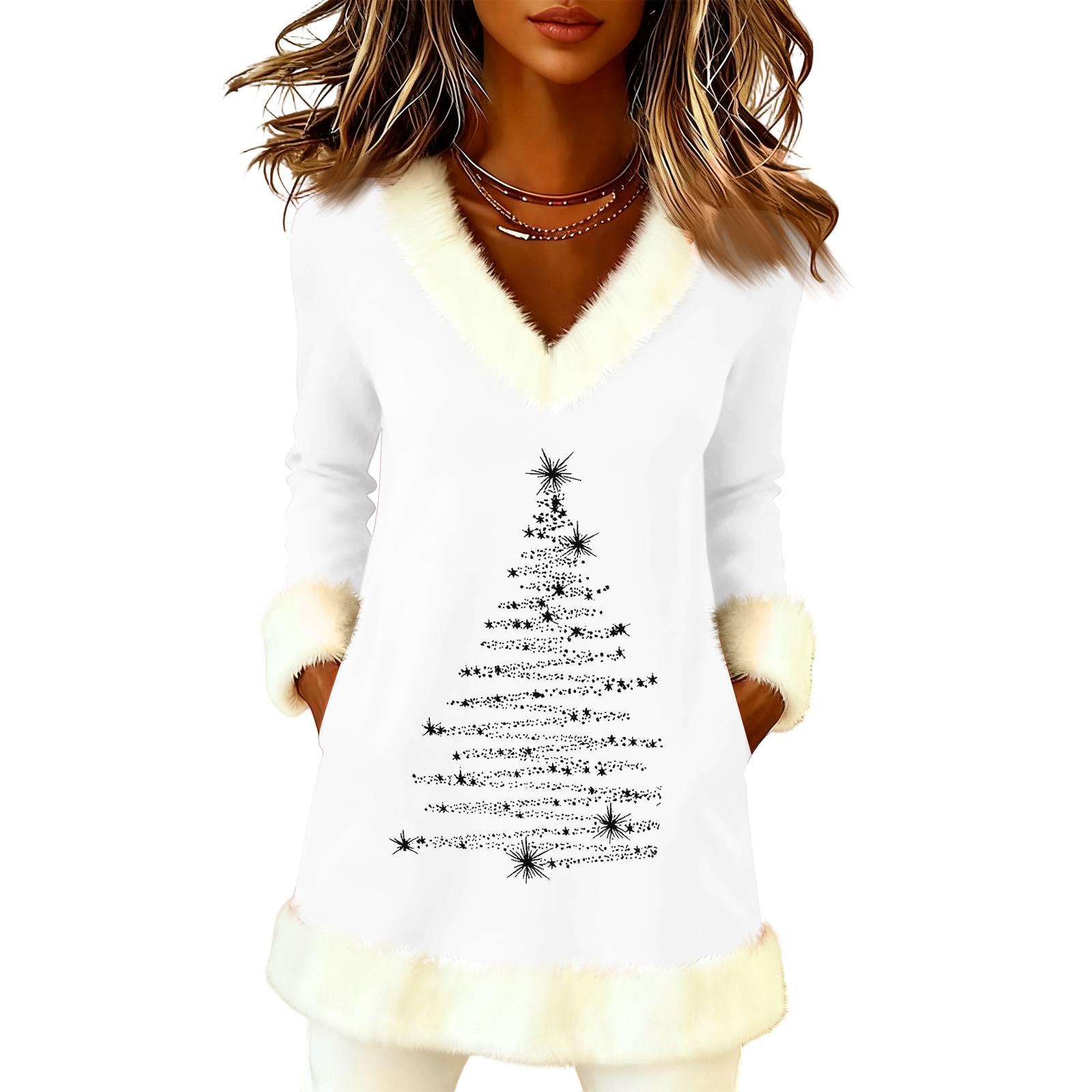 

Women s Christmas Fashion Plush V-neck Pullover Sweater Solid Color Long Sleeve Top XL белый