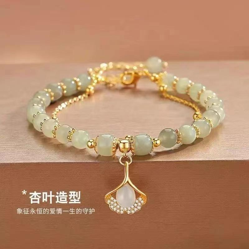 

Exquisite Pastoral Style Womens Electroplated Glass Bead Bracelet Leaf Ginkgo Bead Bracelet