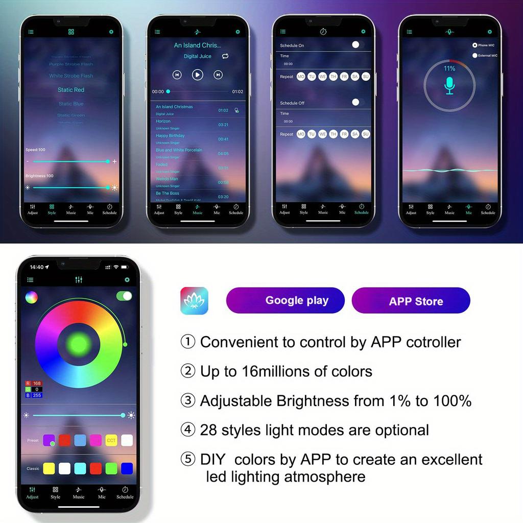 6 In 1 Car Interior Ambient LED Light Kit RGB Strip Lights with Fiber Optic Tube APP and Remote Control Neon Mood Sync Lighting