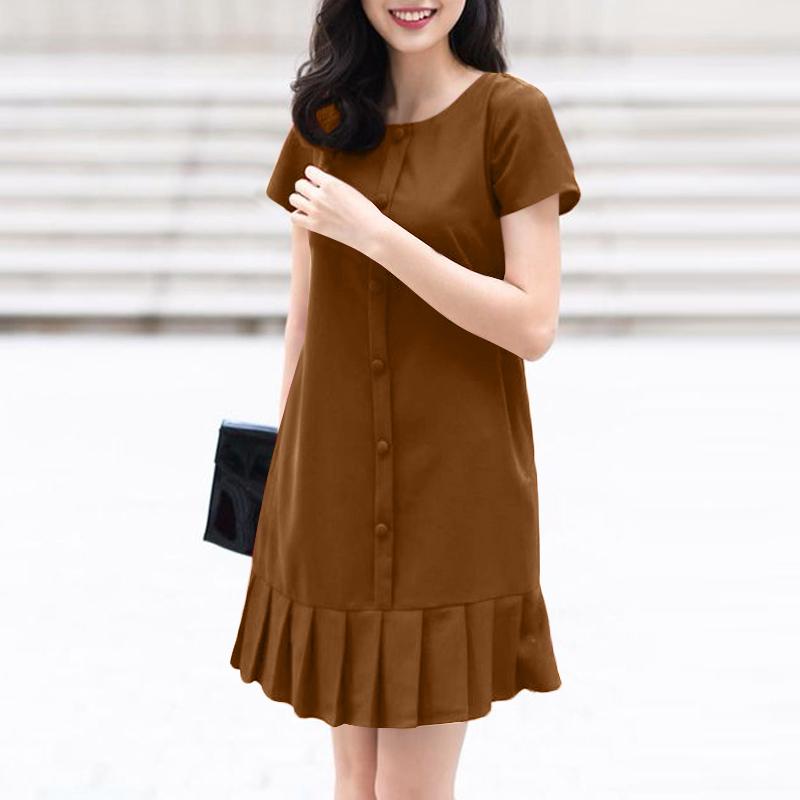 

ZANZEA Women Casual Round Neck Solid Color Loose Short Sleeve Dress S коричневий